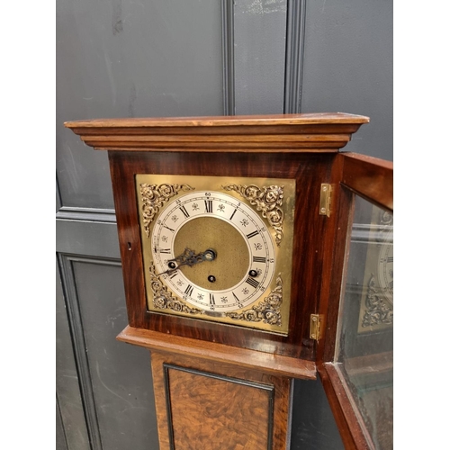 1272 - An 18th century style figured walnut grandmother clock, 152cm high, with pendulum.