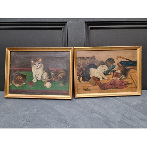 1274 - British Naive School, cats at play on a billiard table; puppies at play, a pair, oil on canvas, 24 x... 