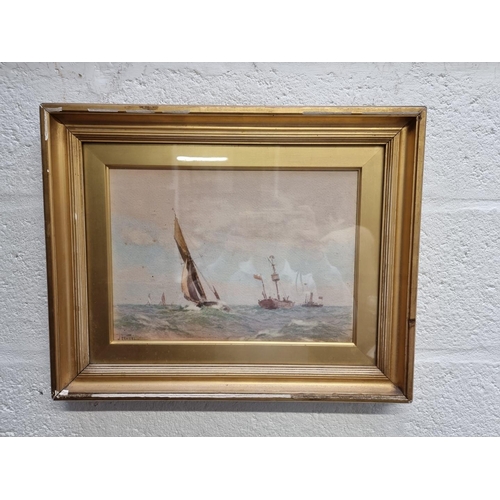 1284 - John Fraser, sailing boat passing a light ship, signed, remains of label verso, watercolour, 24.5 x ... 