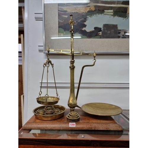 1288 - A large set of Victorian brass balance scales, 66cm high.