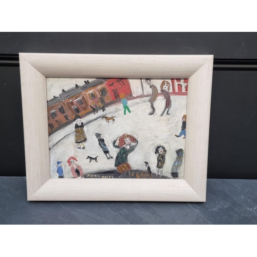 1311 - Fred Yates, figures in a street, signed, acrylic on canvasboard, 29 x 39.5cm.