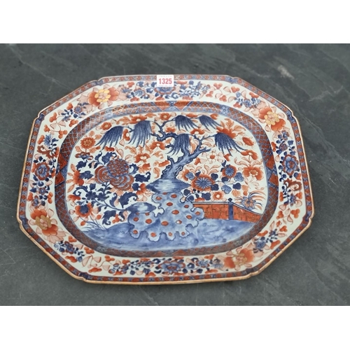 1325 - An 18th century Chinese Imari meat plate, 46cm wide, (hairline crack to rim).