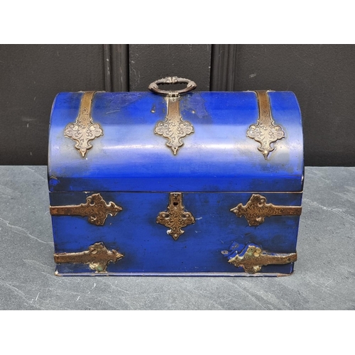 1332 - An unusual late 19th century blue lacquered and brass dome top casket, 23.5cm wide, (incorporating i... 