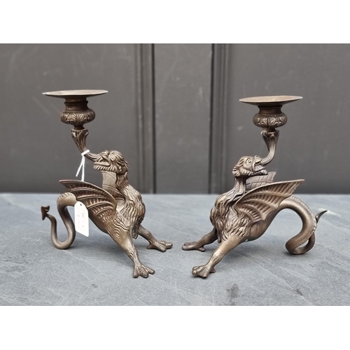 1346 - A pair of bronze Dragon candlesticks, 20.5cm high. (2)