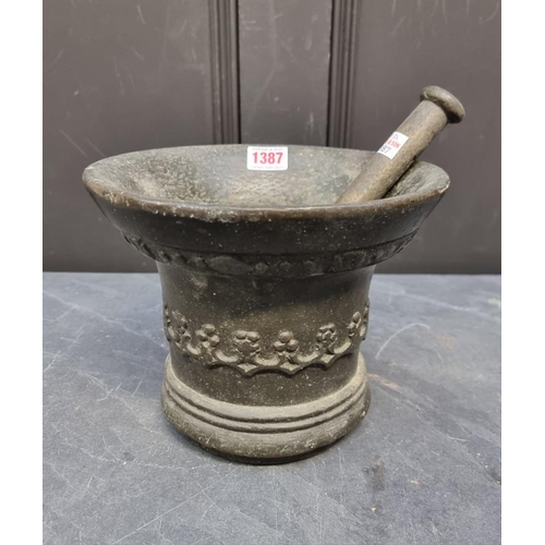 1387 - A large 17th bronze mortar, probably Low Countries, 17.1cm high x 21.3cm diameter; with 23.5cm bronz... 