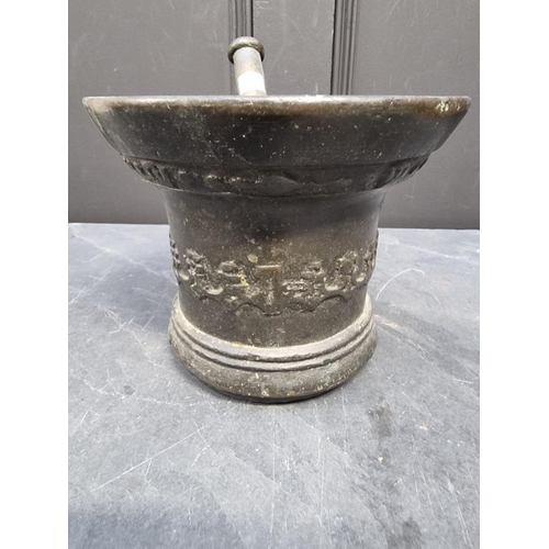 1387 - A large 17th bronze mortar, probably Low Countries, 17.1cm high x 21.3cm diameter; with 23.5cm bronz... 