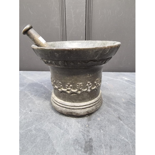 1387 - A large 17th bronze mortar, probably Low Countries, 17.1cm high x 21.3cm diameter; with 23.5cm bronz... 