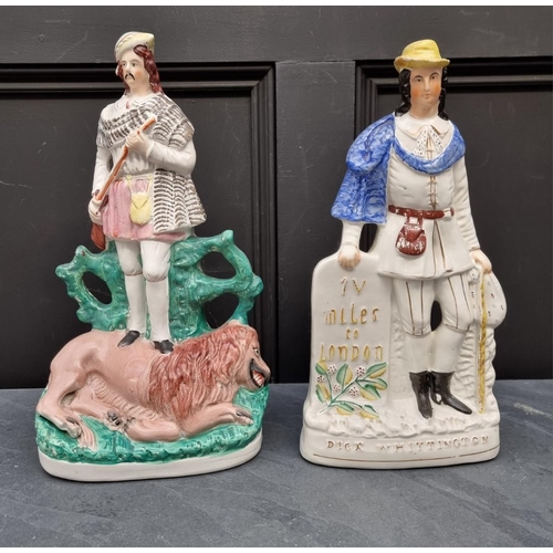 1388 - Two large Victorian Staffordshire pottery figures, of 'Dick Whittington' and 'Lion hunter', latter 3... 