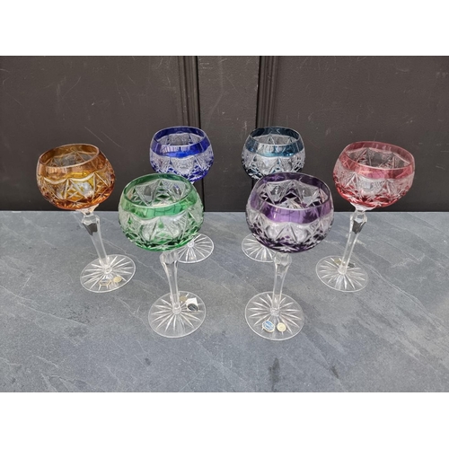 1391 - A set of six Bohemian cut and coloured glass goblets, 20.5cm high. (6)