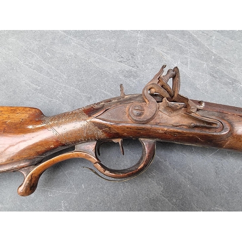 1539 - A circa 1800 muzzle loading double barrel flintlock shotgun, having carved walnut stock and 60cm bar... 