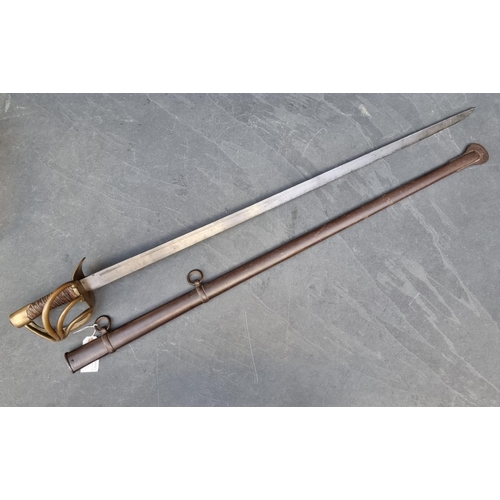 1540 - A Napoleonic French Heavy Cavalry Cuirassier sword and scabbard, the 95cm blade marked 'AP' for Atel... 