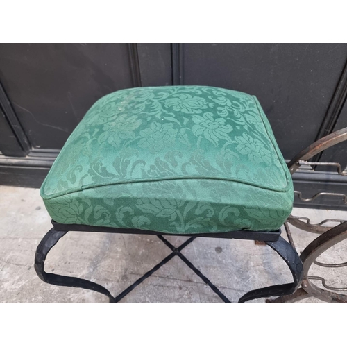 1561 - A wrought iron and upholstered stool; together with a small steel wine rack, 41cm wide. (2)... 