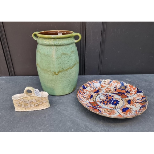 1150A - A Belleek basket, 15cm wide, (s.d); together with a Japanese Imari dish, 30.5cm diameter; and a pott... 