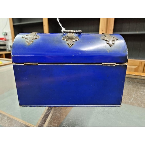 1332 - An unusual late 19th century blue lacquered and brass dome top casket, 23.5cm wide, (incorporating i... 