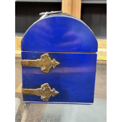 1332 - An unusual late 19th century blue lacquered and brass dome top casket, 23.5cm wide, (incorporating i... 