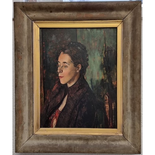 1279 - Carel Weight, head and shoulders portrait of a lady, labelled verso, oil on board, 41 x 31cm.PLEASE ... 