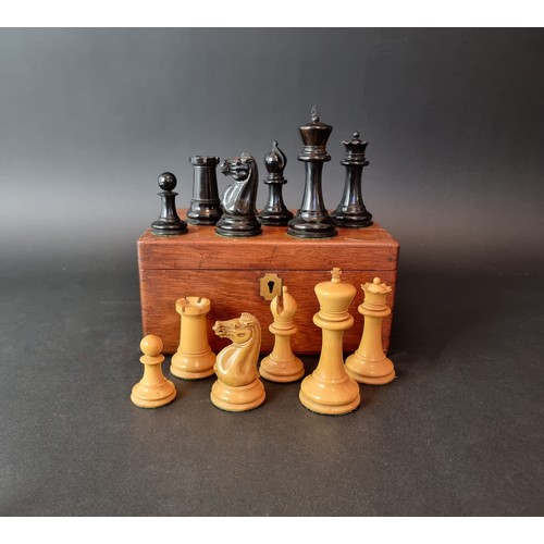 1534 - A large Jacques boxwood and ebony Staunton pattern chess set, weighted, king 10.8cm, pawn 5cm, in or...