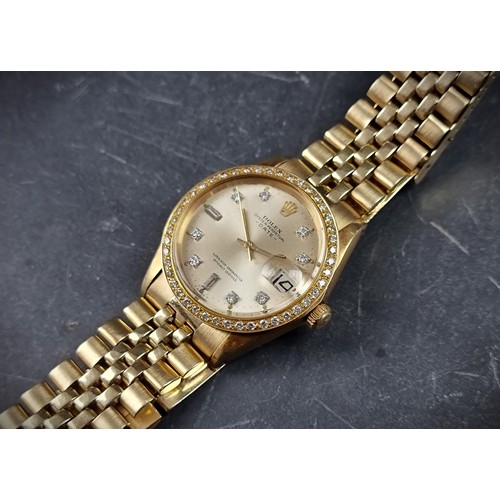 A 1973 Rolex 'Oyster Perpetual Datejust' 14ct gold wristwatch, with later diamond inset bezel and indices, 39mm, Serial No. 3255805, on a US 14ct gold oval link jubilee bracelet, with papers and later box.