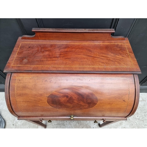 1242 - A small circa 1900 mahogany and line inlaid cylinder bureau, 75.5cm wide.