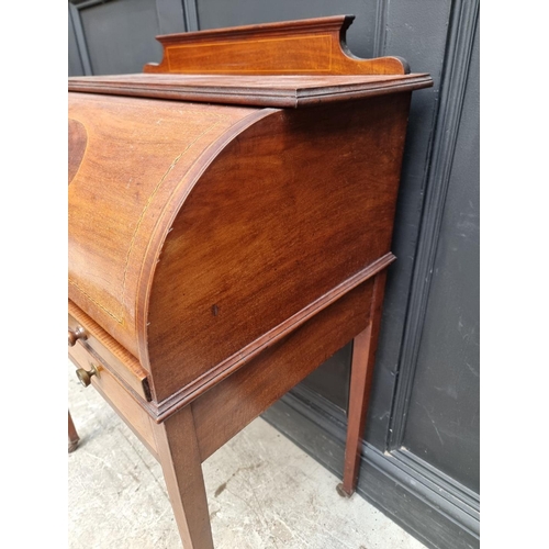 1242 - A small circa 1900 mahogany and line inlaid cylinder bureau, 75.5cm wide.