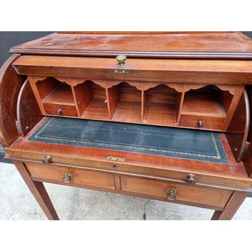 1242 - A small circa 1900 mahogany and line inlaid cylinder bureau, 75.5cm wide.