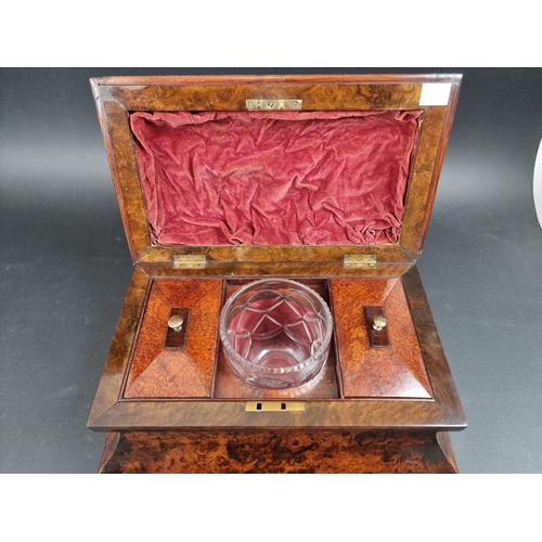 1267 - A good Victorian burr walnut bombe tea caddy, 34.5cm wide.