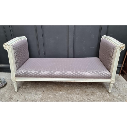 1276 - An antique French grey painted and upholstered banquette, stamped 'Meunier', 160cm wide.... 