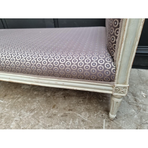 1276 - An antique French grey painted and upholstered banquette, stamped 'Meunier', 160cm wide.... 