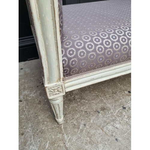 1276 - An antique French grey painted and upholstered banquette, stamped 'Meunier', 160cm wide.... 