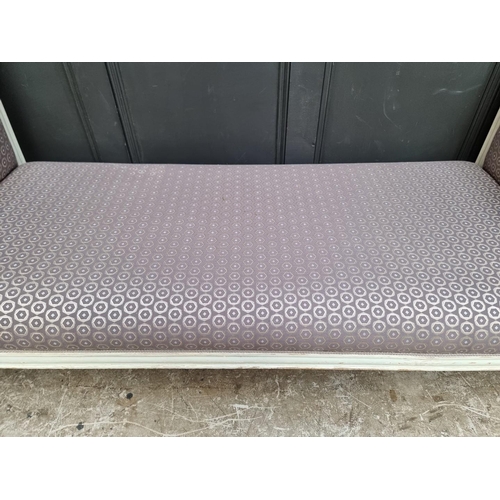 1276 - An antique French grey painted and upholstered banquette, stamped 'Meunier', 160cm wide.... 