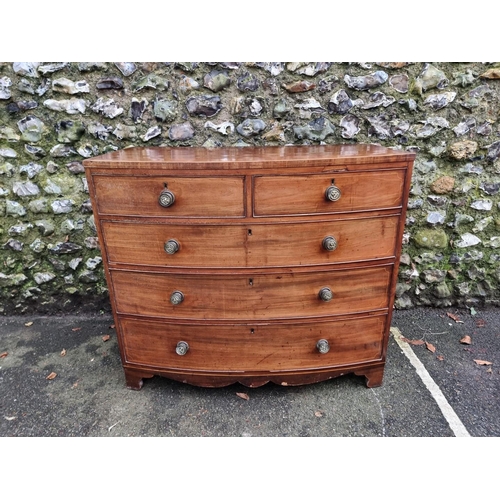 1295 - A circa 1800 mahogany and line inlaid bowfront chest of drawers, 107cm wide.