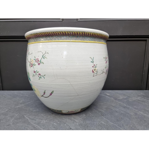 1331 - A Chinese famille rose fish bowl, late Qing, 35.5 high x 40cm diameter, (star cracks).... 