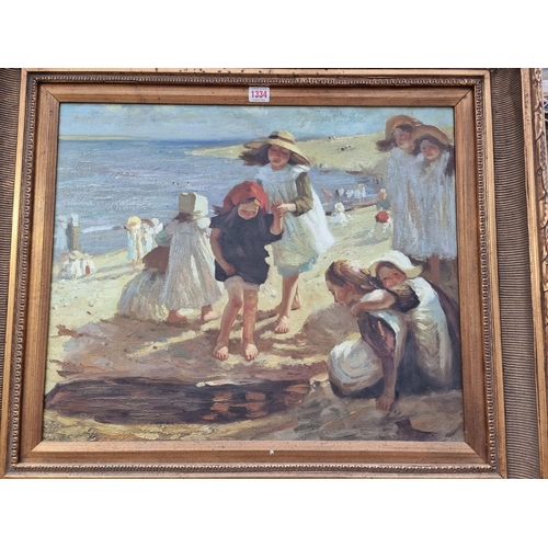 1334 - After Dame Laura Knight, 'On the Beach, Carbis Bay', oil on canvas, 50 x 60cm.