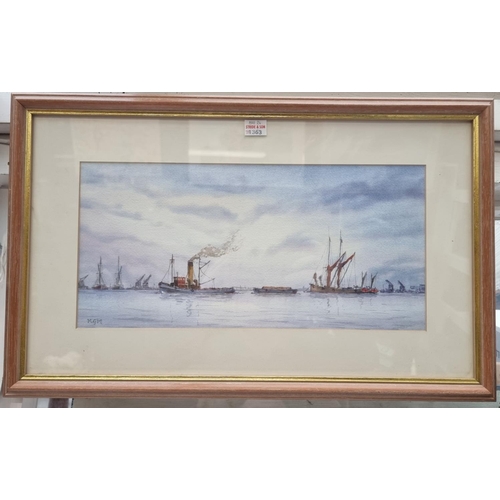 1363 - M.G.M., shipping in Portsmouth Harbour, a pair, each initialled, watercolour, 17 x 36cm. (2)... 