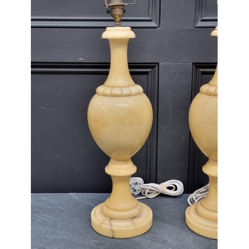 1371 - A large pair of alabaster table lamps, height excluding fitting 49cm. (2)