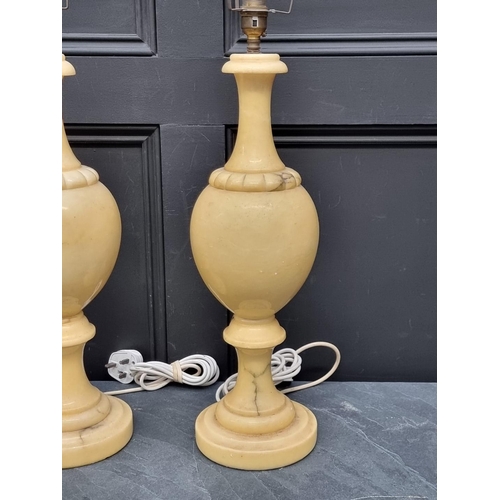 1371 - A large pair of alabaster table lamps, height excluding fitting 49cm. (2)