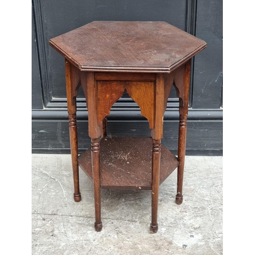 1220 - A small oak hexagonal occasional table, 35.5cm wide; together with an Edwardian mahogany and satinwo... 