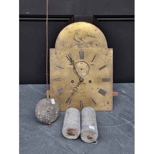 1375 - A Georgian 12in arched brass eight day longcase clock dial and movement, inscribed 'Leach, Salisbury... 