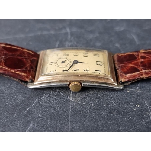 1155 - A Swiss Art Deco two tone 9ct gold manual wind wristwatch, 24 X 31mm, the movement stamped 63, on re... 