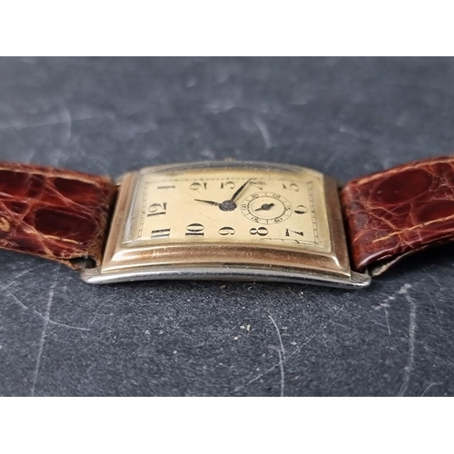 1155 - A Swiss Art Deco two tone 9ct gold manual wind wristwatch, 24 X 31mm, the movement stamped 63, on re... 