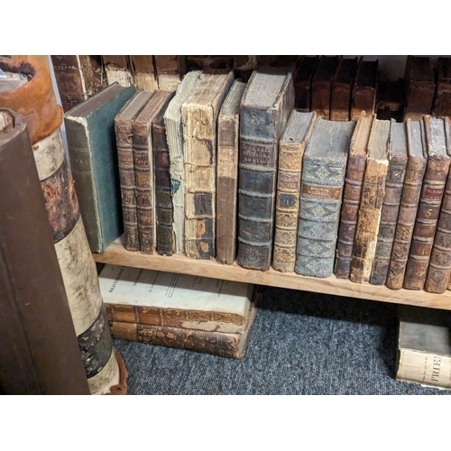 191 - ANTIQUARIAN: large quantity of calf bound books over 6 shelves, chiefly 18th century literature and ... 