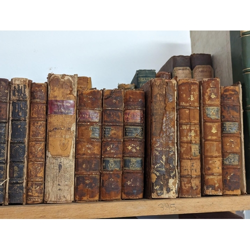 191 - ANTIQUARIAN: large quantity of calf bound books over 6 shelves, chiefly 18th century literature and ... 