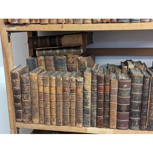 191 - ANTIQUARIAN: large quantity of calf bound books over 6 shelves, chiefly 18th century literature and ... 