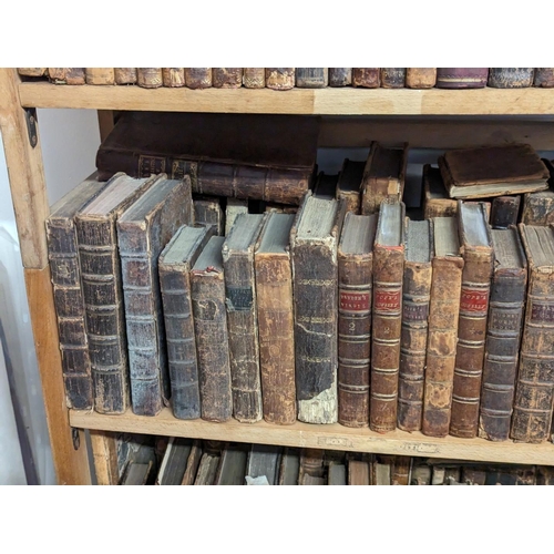 191 - ANTIQUARIAN: large quantity of calf bound books over 6 shelves, chiefly 18th century literature and ... 