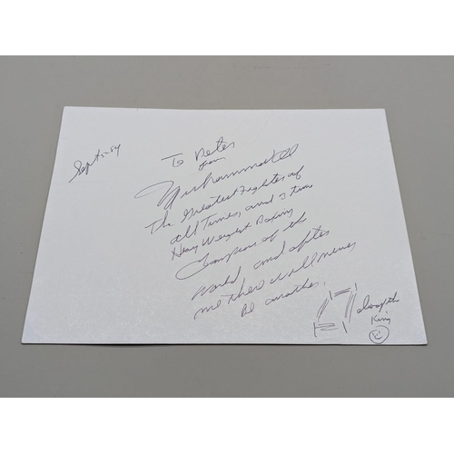 253 - MUHAMMAD ALI: large signed & inscribed card, with lengthy inscription, 'The Greatest Fighter of ... 