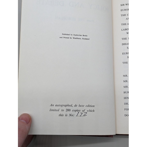 81 - MOSLEY (Oswald): 'Policy and Debate..': Euphorian Books, 1954: FIRST EDITION, No.172/200 copies... 