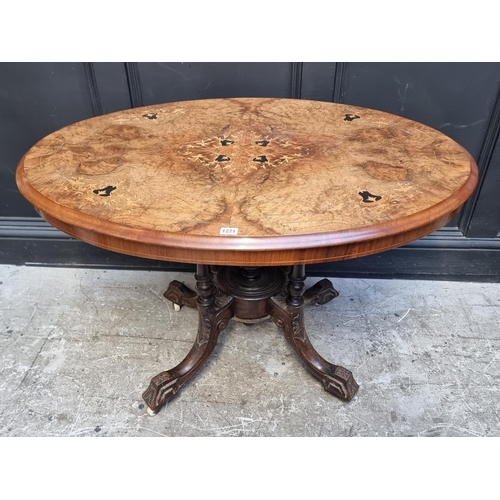 1271 - A Victorian walnut and inlaid oval loo table, 104cm wide.