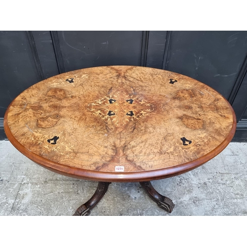 1271 - A Victorian walnut and inlaid oval loo table, 104cm wide.