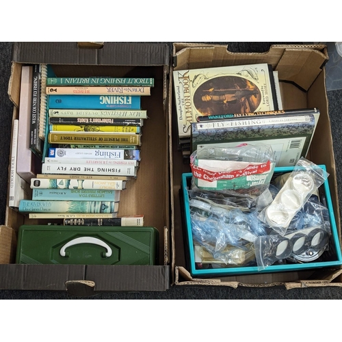 418 - FISHING: a quantity of modern books related, plus misc. reels and tackle related. (2 boxes)... 