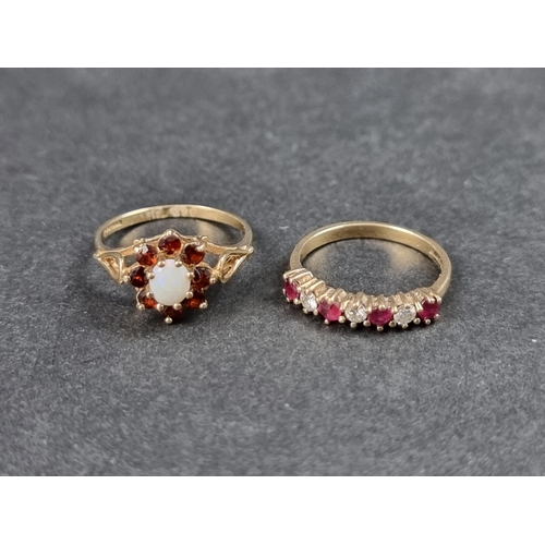 1018 - A 9ct gold opal and garnet cluster ring, size K, Birmingham 1991; together with another 9ct gold rin... 